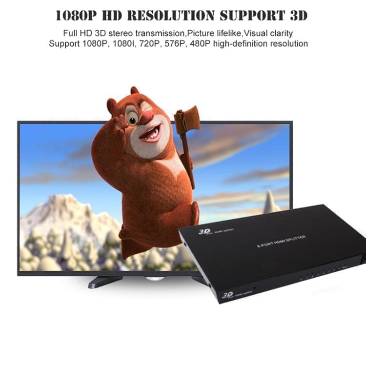 1 x 8 Full HD 1080P HDMI Splitter with Switch, V1.4 Version, Support 3D & 4K x 2K(Black) - Eurekaonline