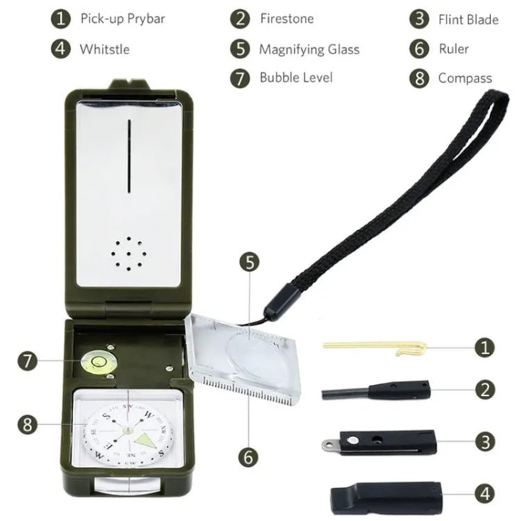 10 in 1 (Thermometer, Hygrometer, LED light, Reflector, Spirit level, Compass, Whistle, Flint, Magnifier, Ruler) Multi-Function Portable Compass - Eurekaonline