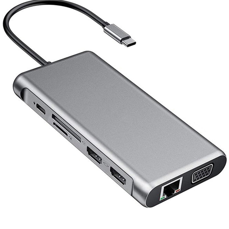 12 in 1 HDMI x2 + USB3.0 + USB2.0 + PD Charging + VGA + RJ45 + 3.5mm Jack + TF/SD x2 Type-C / USB-C HUB Docking Station(Dark Grey) - Eurekaonline