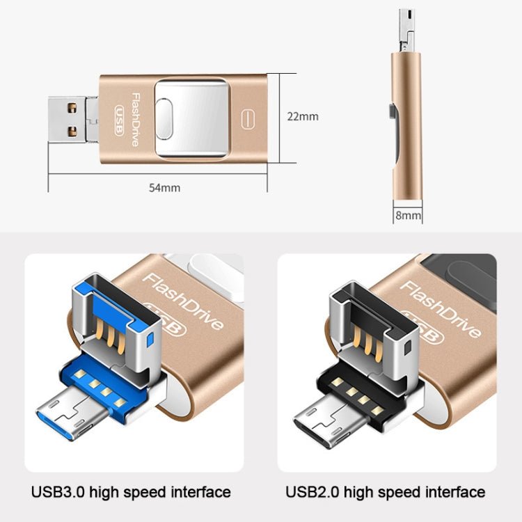 128GB USB 3.0 + 8 Pin + Mirco USB Android iPhone Computer Dual-use Metal Flash Drive (Black) - Eurekaonline