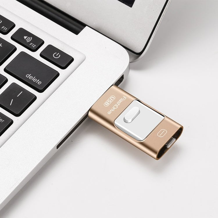 128GB USB 3.0 + 8 Pin + Mirco USB Android iPhone Computer Dual-use Metal Flash Drive (Gold) - Eurekaonline