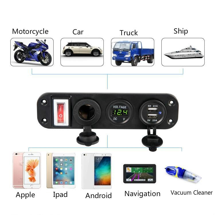 12V-24V Universal Car / Yacht Mobile Phone Charger Modification Ddual USB Panel with Switch(Green Light) - Eurekaonline