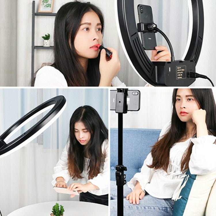 18 inch+6 Phone Clips+Microphone Pole Dimmable Color Temperature LED Ring Fill Light Live Broadcast Set With 2.1m Tripod Mount, CN Plug - Eurekaonline
