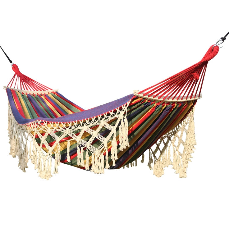 200x150cm Double Outdoor Camping Tassel Canvas Hammock with Stick(Colorful Stripes) Eurekaonline