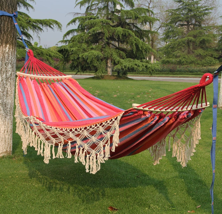 200x150cm Double Outdoor Camping Tassel Canvas Hammock with Stick(Pink Stripes) Eurekaonline