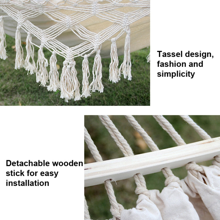 200x150cm Double Outdoor Camping Tassel Canvas Hammock with Stick(White) Eurekaonline