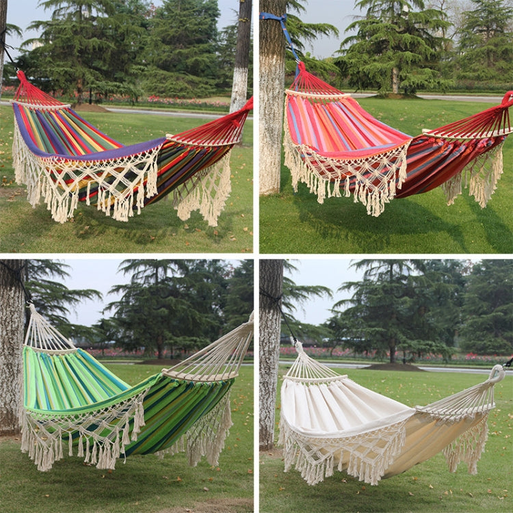 200x150cm Double Outdoor Camping Tassel Canvas Hammock with Stick(White) Eurekaonline