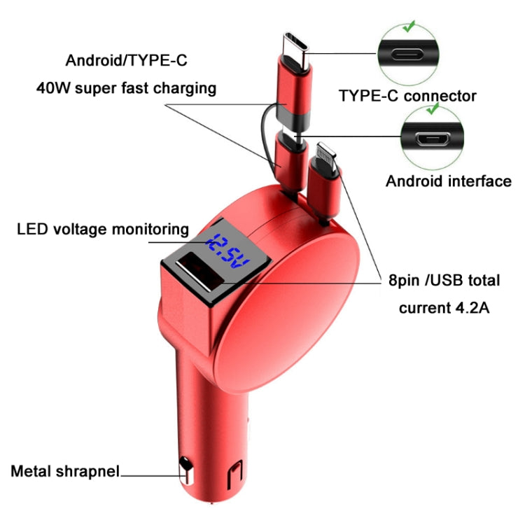 3 In 1 60W Fast Charging Dual Cable Retractable Car Charger(Black) Eurekaonline