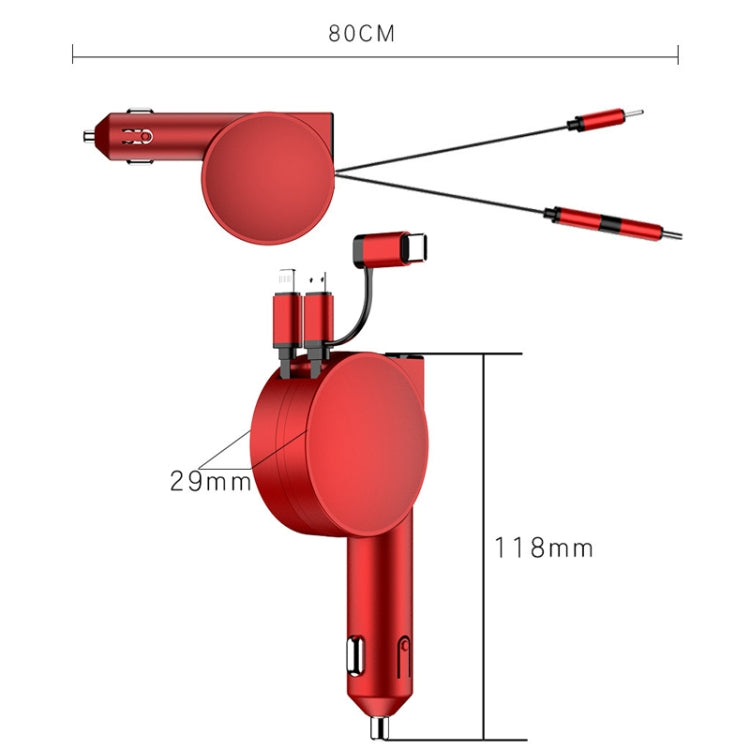 3 In 1 60W Fast Charging Dual Cable Retractable Car Charger(Red) Eurekaonline