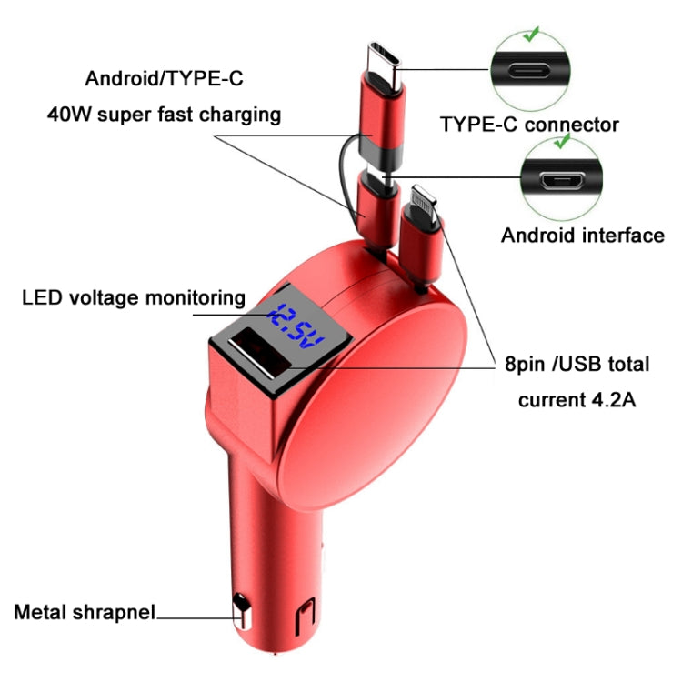 3 In 1 60W Fast Charging Dual Cable Retractable Car Charger(Red) Eurekaonline