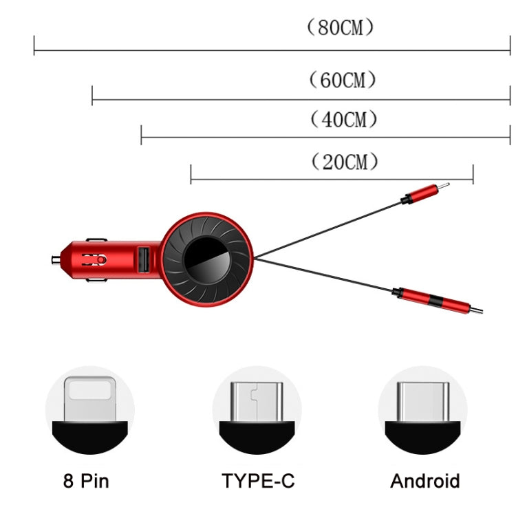 3 In 1 USB Dual Cable Single Pull Retractable Car Charger(Black) Eurekaonline