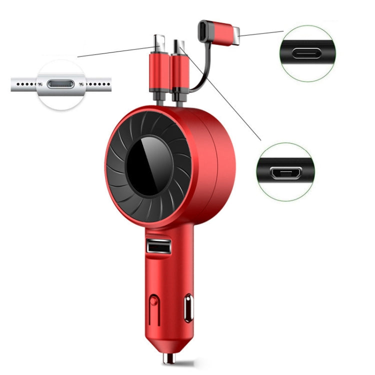 3 In 1 USB Dual Cable Single Pull Retractable Car Charger(Red) Eurekaonline