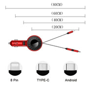 3 In 1 USB Dual Cable Single Pull Retractable Car Charger(Red) Eurekaonline