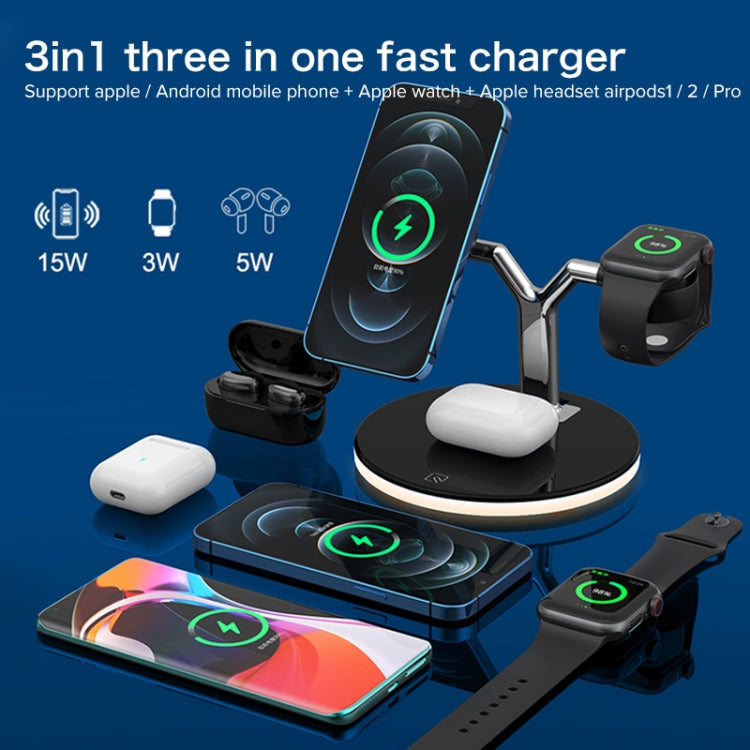 3 in 1 15W Multi-function Magnetic Wireless Charger for Mobile Phones & Apple Watches & AirPods , with Colorful LED Light(Black) Eurekaonline