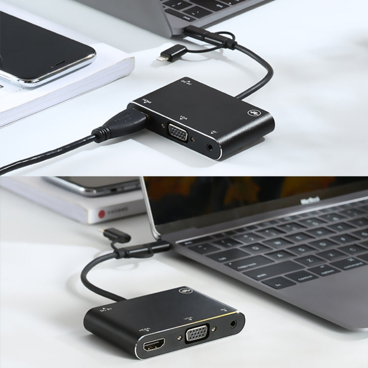 3 in 1 8 Pin + Micro USB + Type-C to AV + HDMI + VGA 15 Pin HD Screen Player Adapter Converter with Audio Eurekaonline