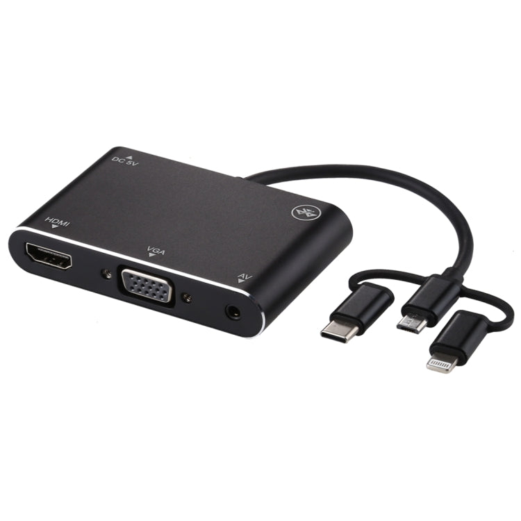 3 in 1 8 Pin + Micro USB + Type-C to AV + HDMI + VGA 15 Pin HD Screen Player Adapter Converter with Audio Eurekaonline