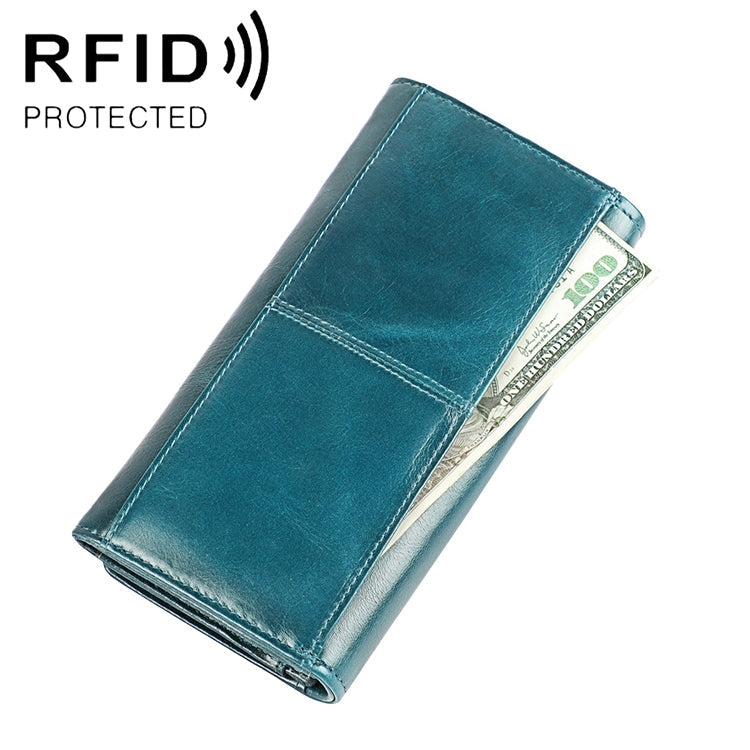 3559 Antimagnetic RFID Multi-function Zipper Retro Top-grain Leather Lady Purse Wallet (Blue) Eurekaonline