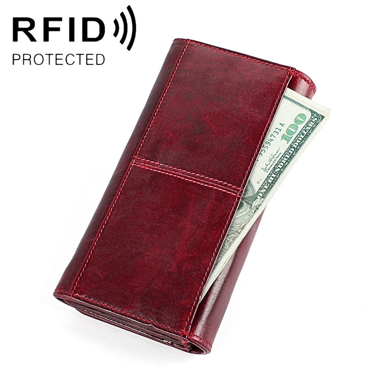 3559 Antimagnetic RFID Multi-function Zipper Retro Top-grain Leather Lady Purse Wallet (Wine Red) Eurekaonline