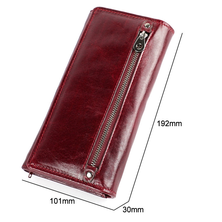 3559 Antimagnetic RFID Multi-function Zipper Retro Top-grain Leather Lady Purse Wallet (Wine Red) Eurekaonline