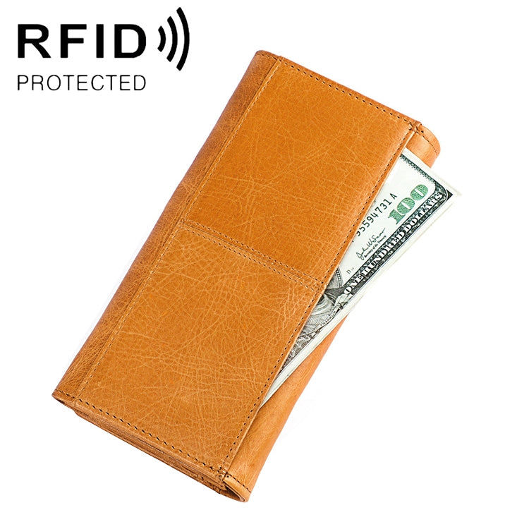 3559 Antimagnetic RFID Multi-function Zipper Retro Top-grain Leather Lady Purse Wallet (Yellowish-brown) Eurekaonline