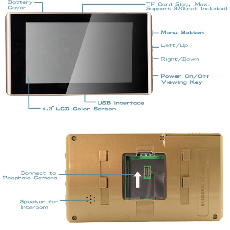 4.3 inch LCD Color Screen Digital Doorbell Door Eye Doorbell Electronic Peephole Door Camera Viewer(Gold) Eurekaonline