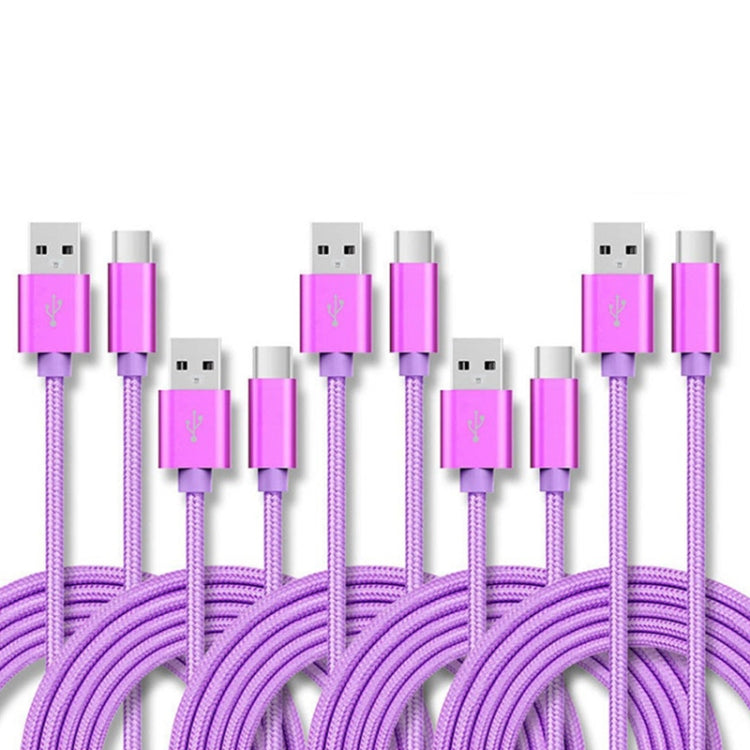 5 PCS USB to USB-C / Type-C Nylon Braided Charging Data Transmission Cable, Cable Length:2m(Purple) Eurekaonline