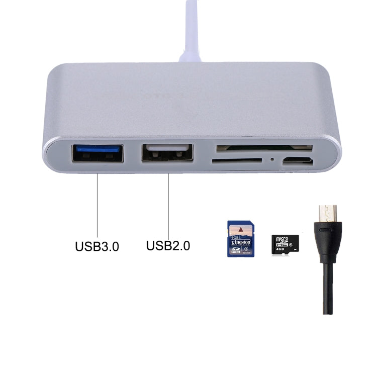 5 in 1 Micro SD + SD + USB 3.0 + USB 2.0 + Micro USB Port to USB-C / Type-C OTG COMBO Adapter Card Reader for Tablet, Smartphone, PC(Silver) Eurekaonline