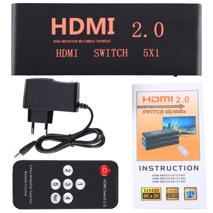 5X1 4K/60Hz HDMI 2.0 Switch with Remote Control, EU Plug Eurekaonline