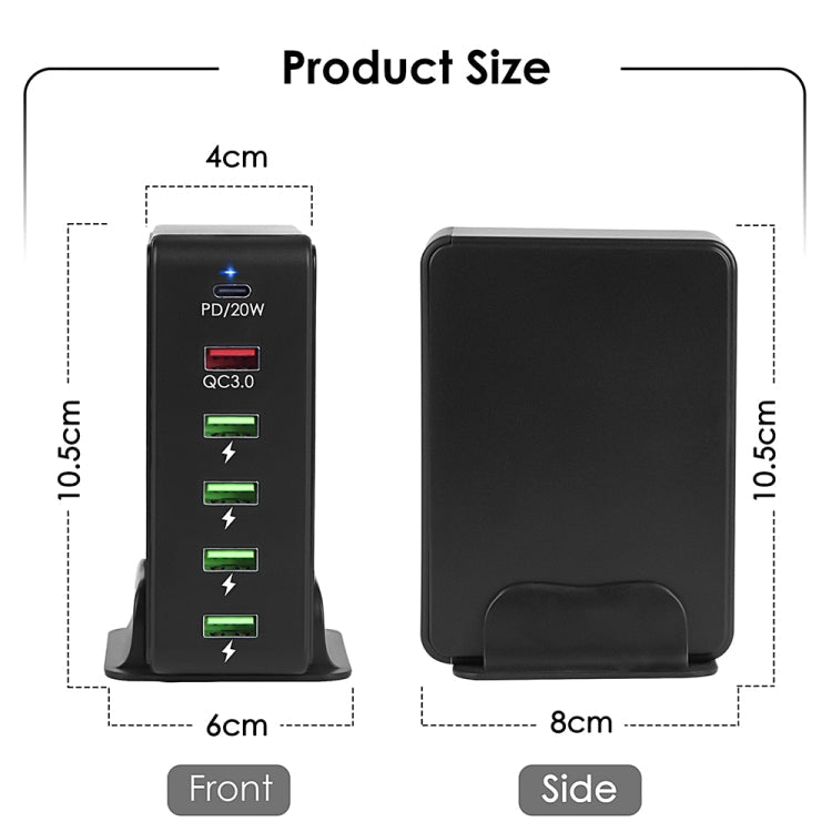 6 in 1 65W PD USB-C / Type-C + QC 3.0 USB + 4 USB Multi-port Travel Charger, AU Plug(Black) Eurekaonline