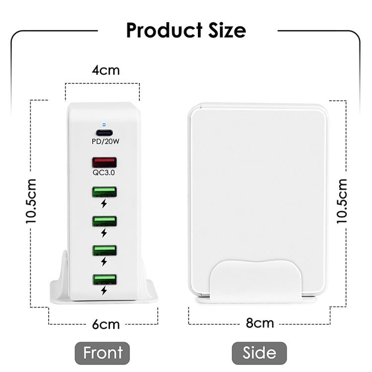  Type-C + QC 3.0 USB + 4 USB Multi-port Travel Charger, AU Plug(White) Eurekaonline