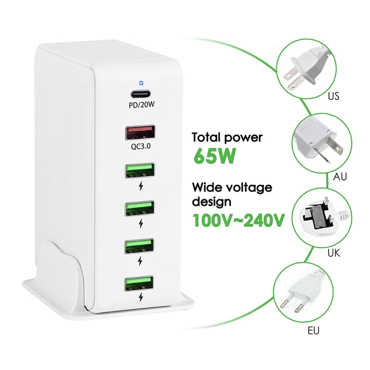 6 in 1 65W PD USB-C / Type-C + QC 3.0 USB + 4 USB Multi-port Travel Charger, AU Plug(White) Eurekaonline