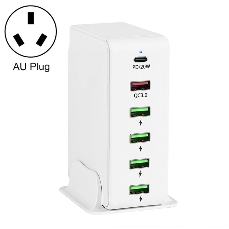  Type-C + QC 3.0 USB + 4 USB Multi-port Travel Charger, AU Plug(White) Eurekaonline