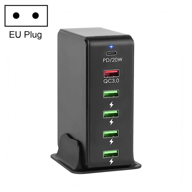  Type-C + QC 3.0 USB + 4 USB Multi-port Travel Charger, EU Plug(Black) Eurekaonline