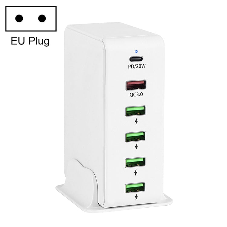 6 in 1 65W PD USB-C / Type-C + QC 3.0 USB + 4 USB Multi-port Travel Charger, EU Plug(White) Eurekaonline
