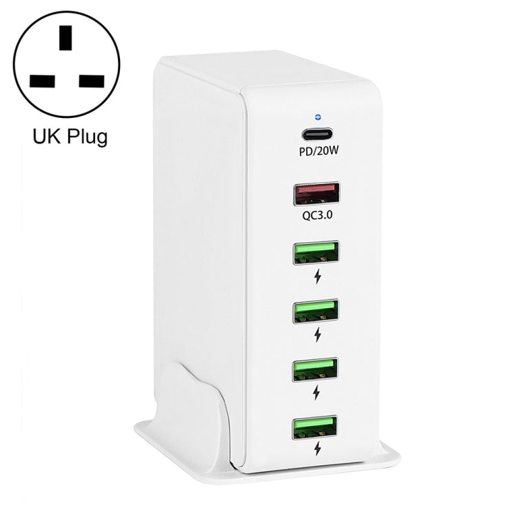  Type-C + QC 3.0 USB + 4 USB Multi-port Travel Charger, UK Plug(White) Eurekaonline