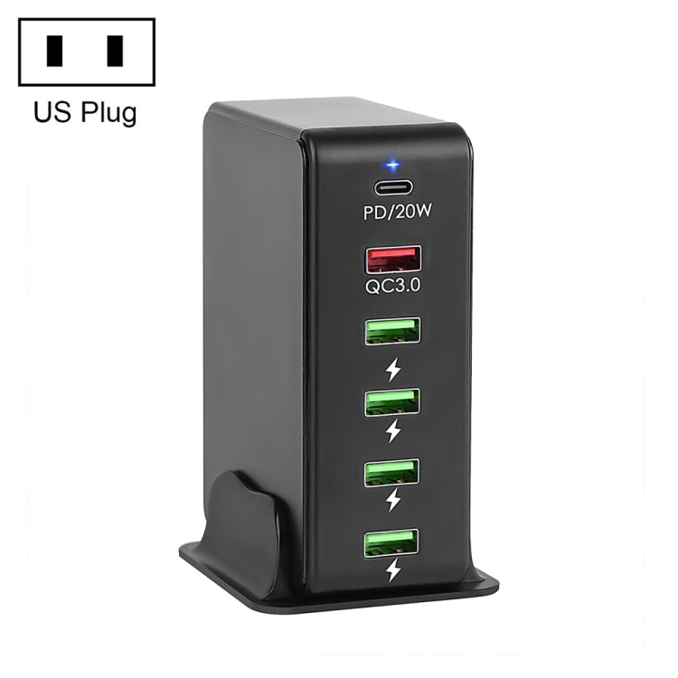 6 in 1 65W PD USB-C / Type-C + QC 3.0 USB + 4 USB Multi-port Travel Charger, US Plug(Black) Eurekaonline