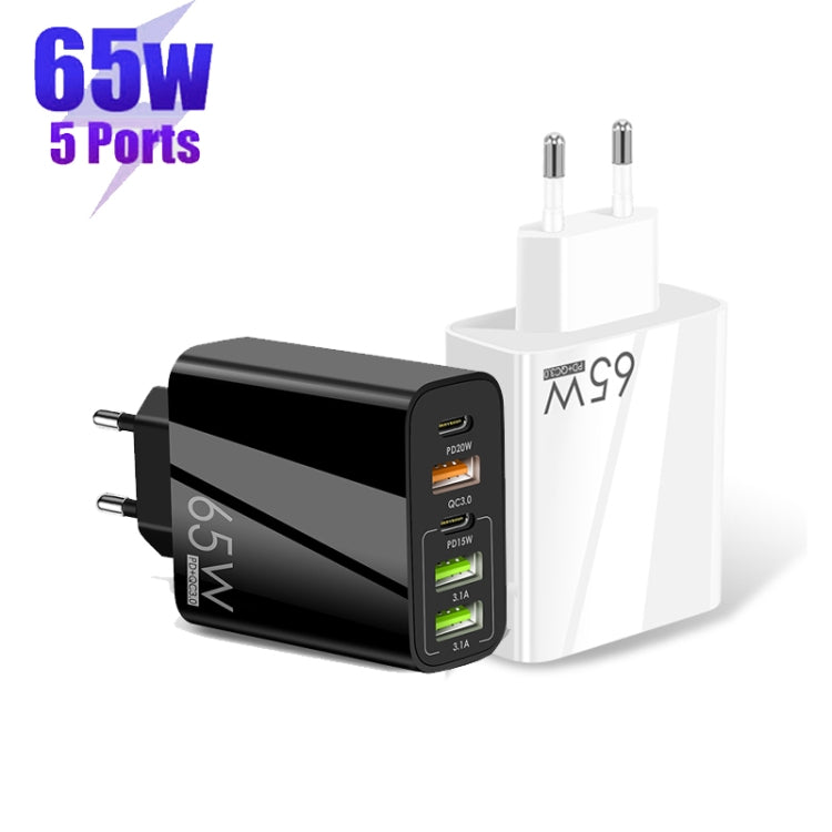 65W Dual PD Type-C + 3 x USB Multi Port Charger with 3A Type-C to Type-C Data Cable, EU Plug(White) Eurekaonline