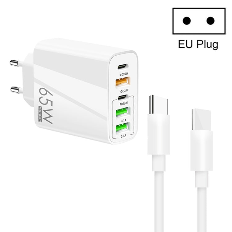 65W Dual PD Type-C + 3 x USB Multi Port Charger with 3A Type-C to Type-C Data Cable, EU Plug(White) Eurekaonline