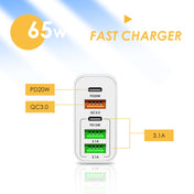 65W Dual PD Type-C + 3 x USB Multi Port Charger with 3A Type-C to Type-C Data Cable, EU Plug(White) Eurekaonline