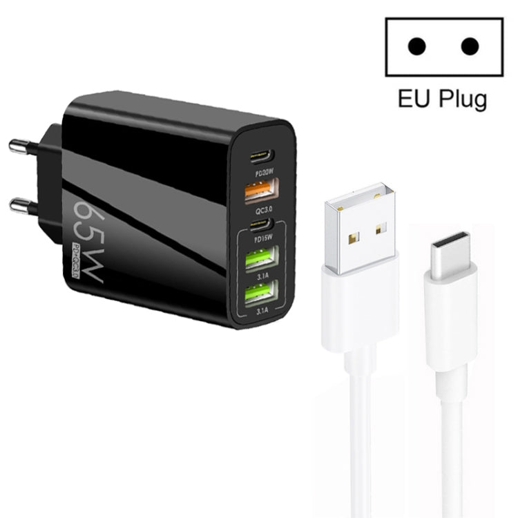 65W Dual PD Type-C + 3 x USB Multi Port Charger with 3A USB to Type-C Data Cable, EU Plug(Black) Eurekaonline