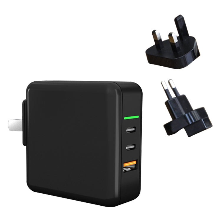 65W USB Ports x 1 + Type-C Port x 2 GaN Portable Mini Fast Charger Travel Charger with UK & US & EU Plug Set (Black) Eurekaonline