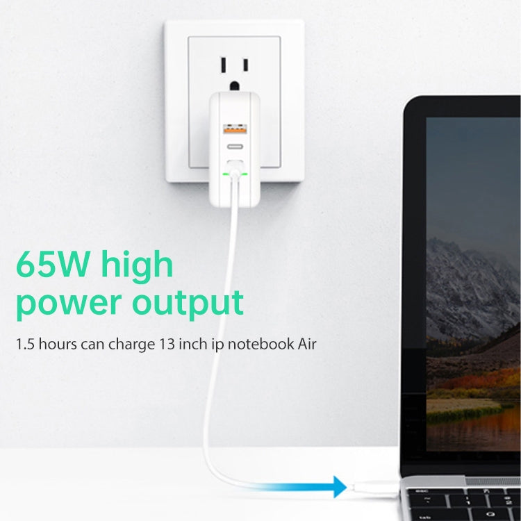 65W USB Ports x 1 + Type-C Port x 2 GaN Portable Mini Fast Charger Travel Charger with UK & US & EU Plug Set (White) Eurekaonline