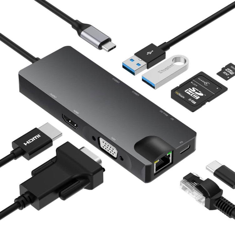 8 In 1 Type-C To HDMI+VAG Gigabit RJ45+USB3.0 Docking Station(Gray) Eurekaonline