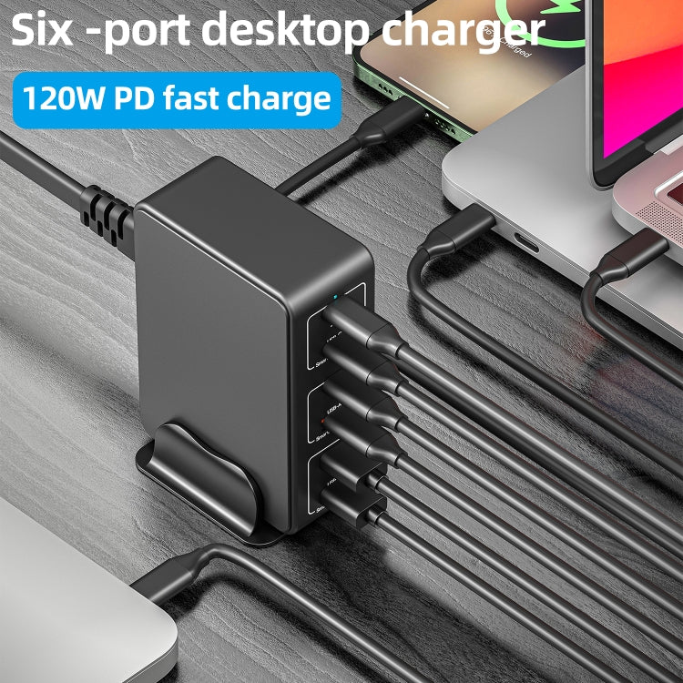 818H 120W Type-C + USB 6-Ports Desktop Fast Charger, Plug Type:AU Plug(Black) Eurekaonline