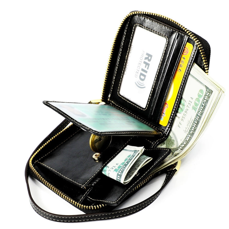 8251 Antimagnetic RFID Multi-function Oil Wax Leather Lady Zipper Wallet Purse with Lanyard(Black) Eurekaonline