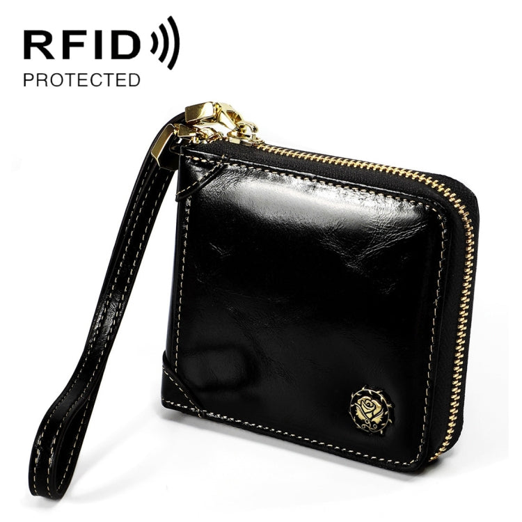 8251 Antimagnetic RFID Multi-function Oil Wax Leather Lady Zipper Wallet Purse with Lanyard(Black) Eurekaonline