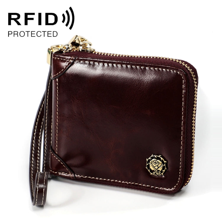 8251 Antimagnetic RFID Multi-function Oil Wax Leather Lady Zipper Wallet Purse with Lanyard(Coffee) Eurekaonline
