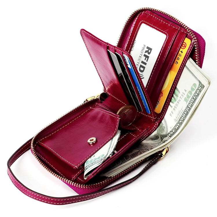 8251 Antimagnetic RFID Multi-function Oil Wax Leather Lady Zipper Wallet Purse with Lanyard(Purple) Eurekaonline