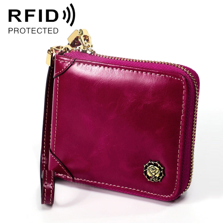 8251 Antimagnetic RFID Multi-function Oil Wax Leather Lady Zipper Wallet Purse with Lanyard(Purple) Eurekaonline