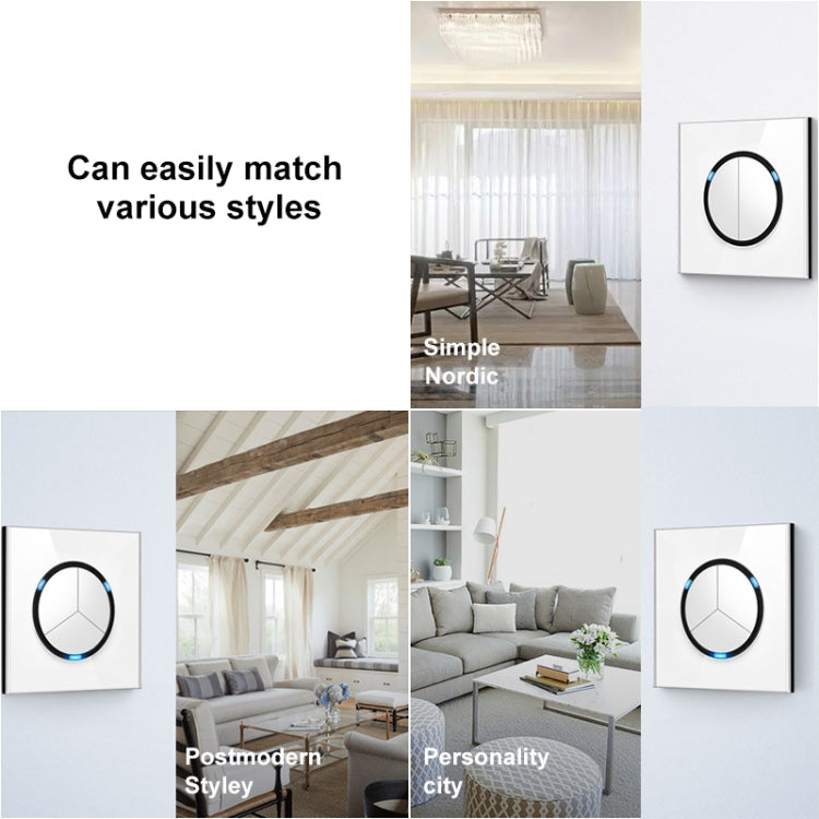 86mm Round LED Tempered Glass Switch Panel, White Round Glass, Style:Three Open Dual Control Eurekaonline